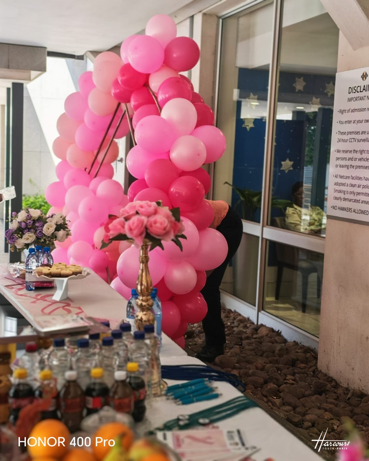 Pink balloon arch beside a Garden City awareness table with flowers, refreshments and information leaflets